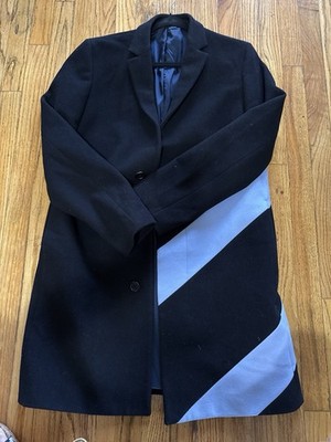 MSGM Colorblock Black Light Blue Button Overcoat Men's Mid-Length Size M