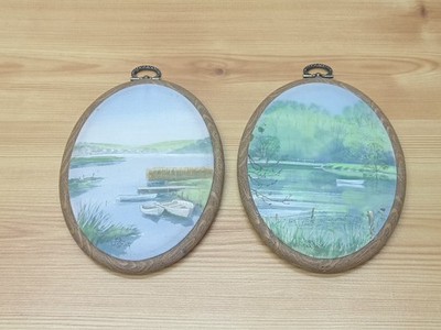 Vintage kleine gerahmte ovale Dorset Seidenmalerei Wandbehang - Landschaft