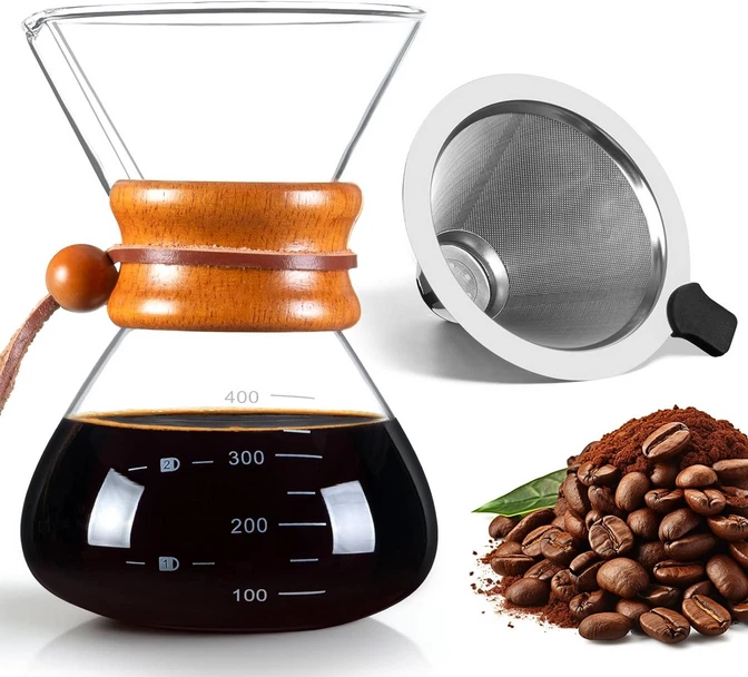 Pour Over Coffee Maker 13.5oz Glass Carafe w/ Stainless Steel Filter Dripper