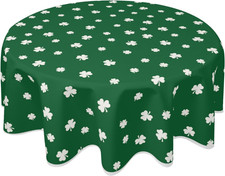 Green St Patricks Day Tablecloth round 70 Inch White Shamrock Lucky Clover Saint