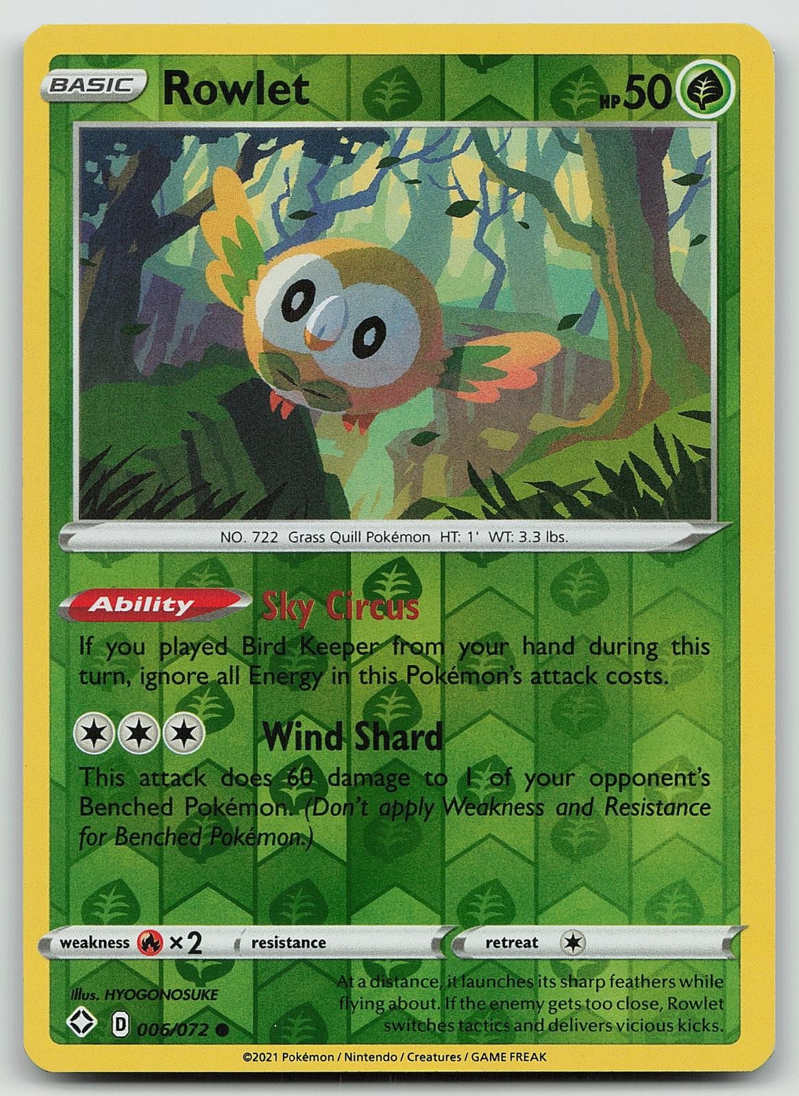 Pokemon Rowlet 006/072 Shining Fates Common Reverse Holo NM