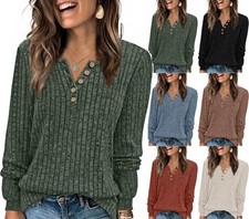 Womens Jumper Tops Knitted Sweater Ladies Button Crew Neck Winter Warm Pullover