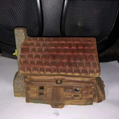 Vintage Log Cabin Cast Iron Coin Bank