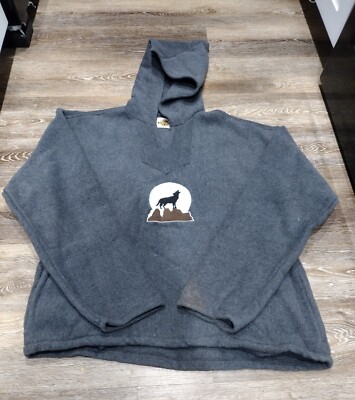 Earth Ragz Baja Poncho Men's Size 2XL Gray Hood Embroidered Howling Wolf