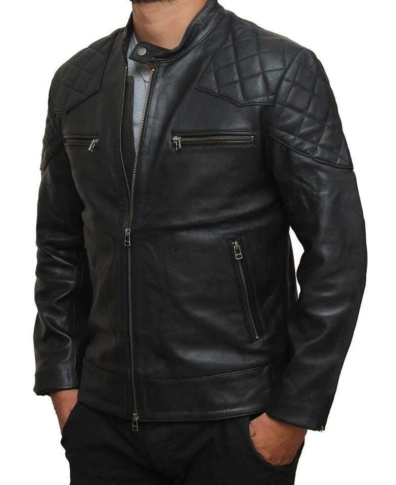 Chaqueta de Cuero Para Hombres BECKHAM Negra Acolchada Retro Estilo Motociclista Chaqueta 100% Cuero Foto 4 de 4