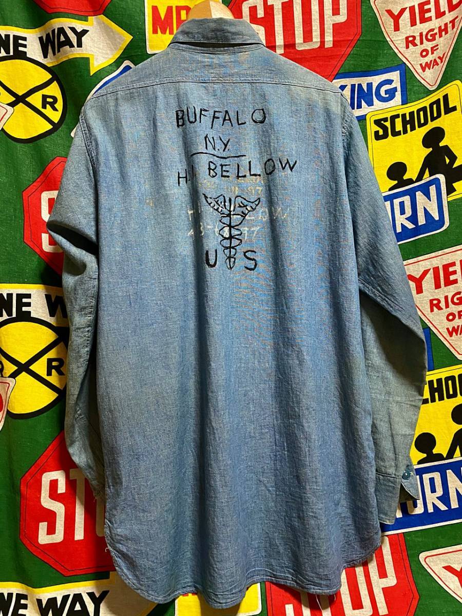 40s us NAVY chambary shirt ステンシル入り 40's US NAVY CHAMBRAY SHIRT 15 with STENCIL | FOREMOST 古着