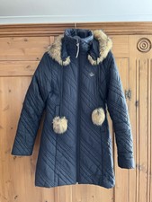 Hooch Black Mid-length Coat. Detachable Fur Hood And Pom-poms. Size 10