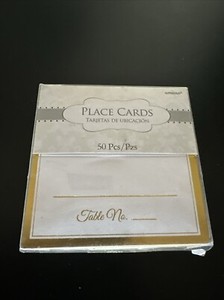 amscan Table Place Cards - 50 Per Pack - Gold & White - Dinner Party Table ~ NIP