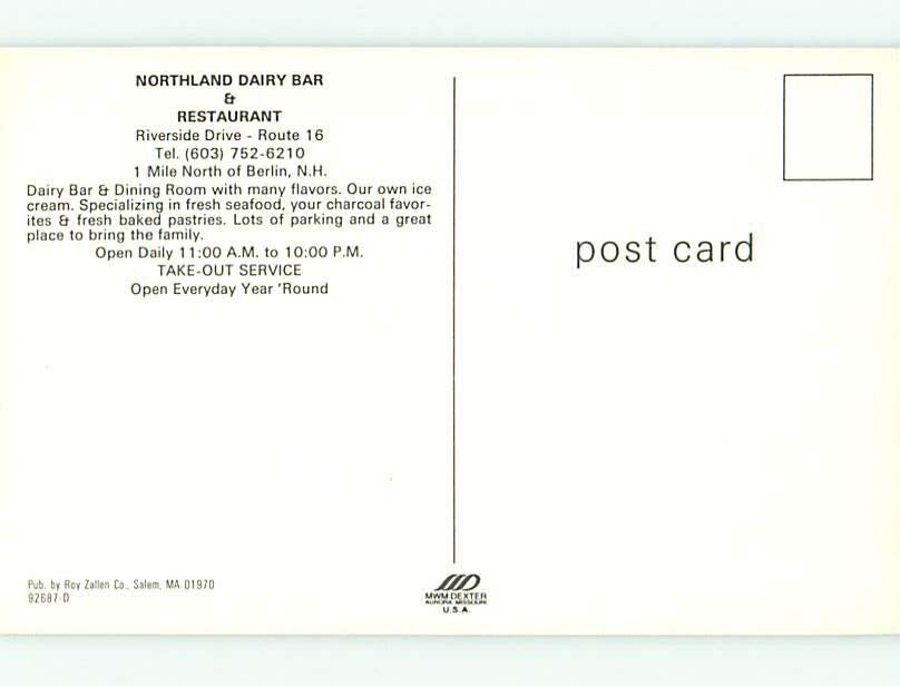 Unused Pre1980 OLD CARS & NORTHLAND DAIRY BAR RESTAURANT Berlin NH