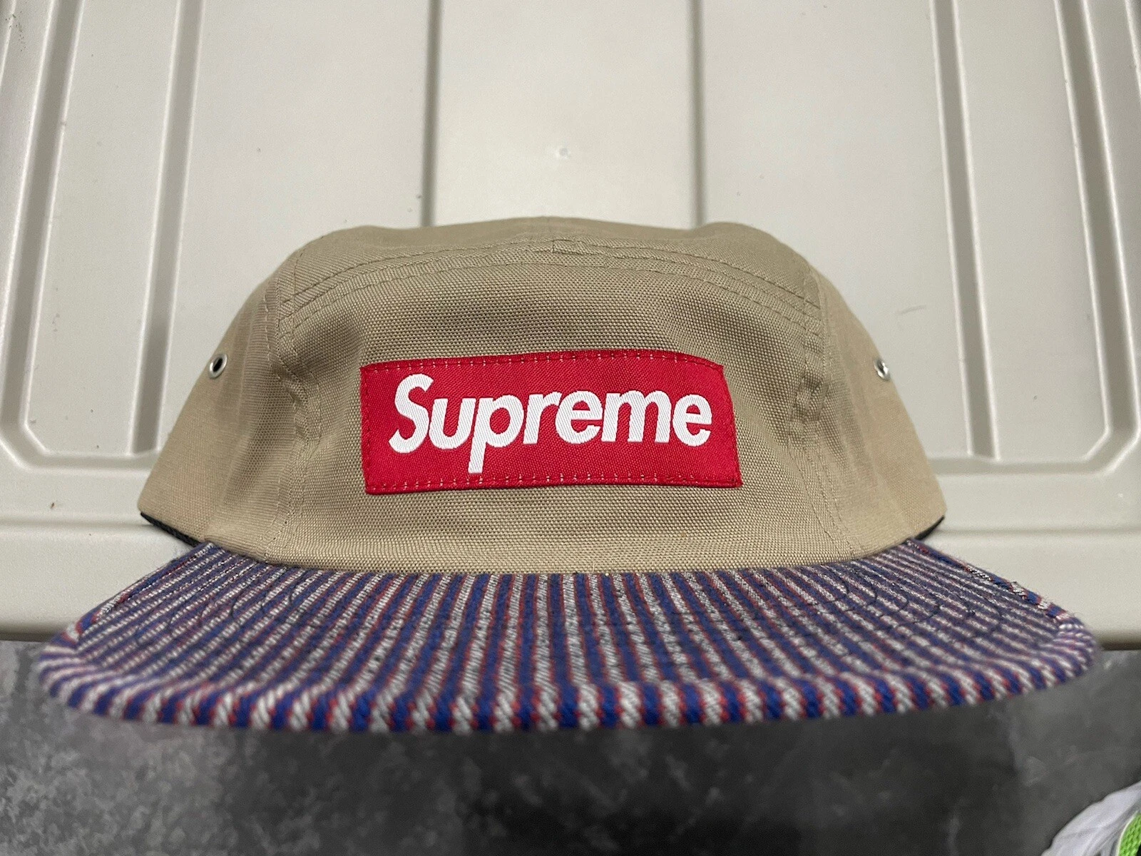 FW12 Supreme Beige Boîte Logo 5 Panneaux Camp Casquette Chapeau Toile 2012 Deadstock Rare