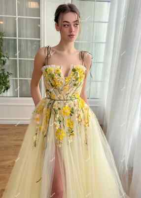 Yellow Prom Dresses Applique Sleeveless High Side Split Graduation Party  Gowns | eBay