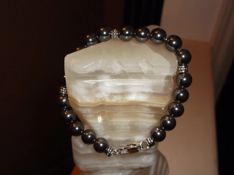 Pulsera de cuentas de hematita negra hecha a mano de 8 1/2" 10 mm para hombre  Foto 3 de 4