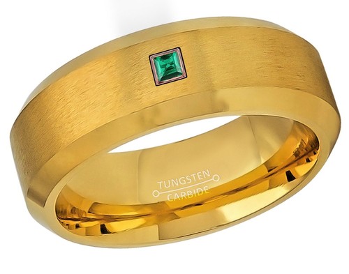 0.05ctw Princess Cut Emerald Ring, 8mm Yellow Gold IP Tungsten Wedding Band #210 - Picture 5 of 5