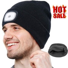 Black Knitted Beanie Hat With LED Light Unisex Warm High Powered Head Torch Lamp