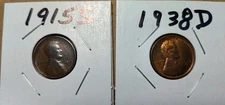 1915S About Good Details and 1938D BU Red Lincoln Cent 2 Coin Lot / Low Shipping