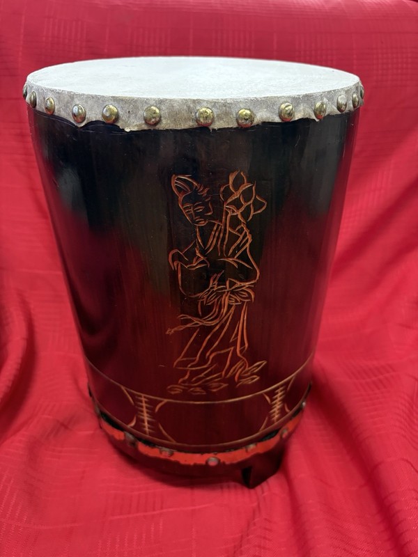 Vintage Asian Carved Wood Drum 14” Brass Trim