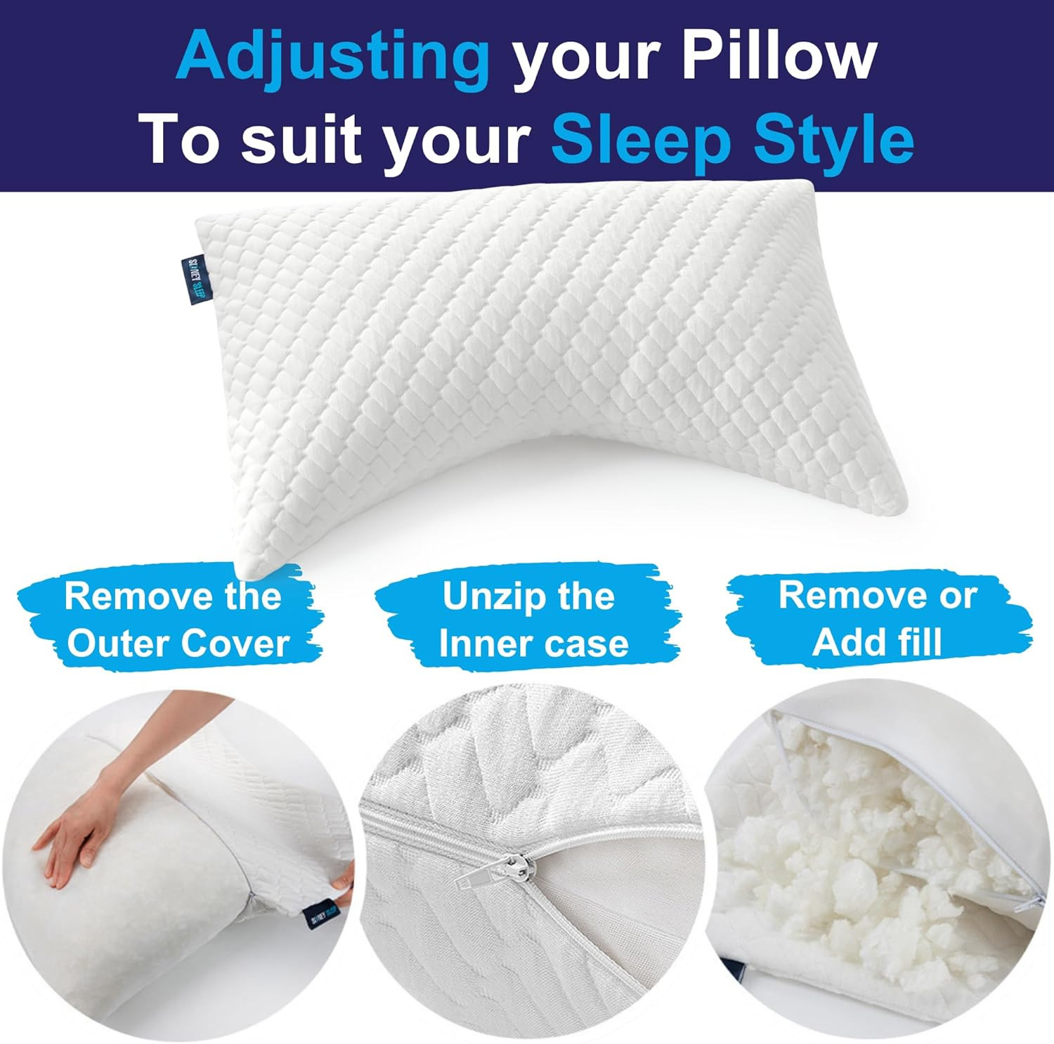 Sidney Sleep Adjustable Curved Contour Fill Pillow – Queen Size – for Side and B