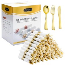 50 Pack Pre Rolled Gold Plastic Silverware Set with Napkins,Disposable Wrappe...