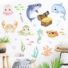 Mfault Under The Sea Ocean Creature Wall Decal Stickers, Coastal Shark Dolphi...