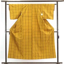 Clearance Recycled Silk Tsumugi Kimono Yellow Plaid (M)