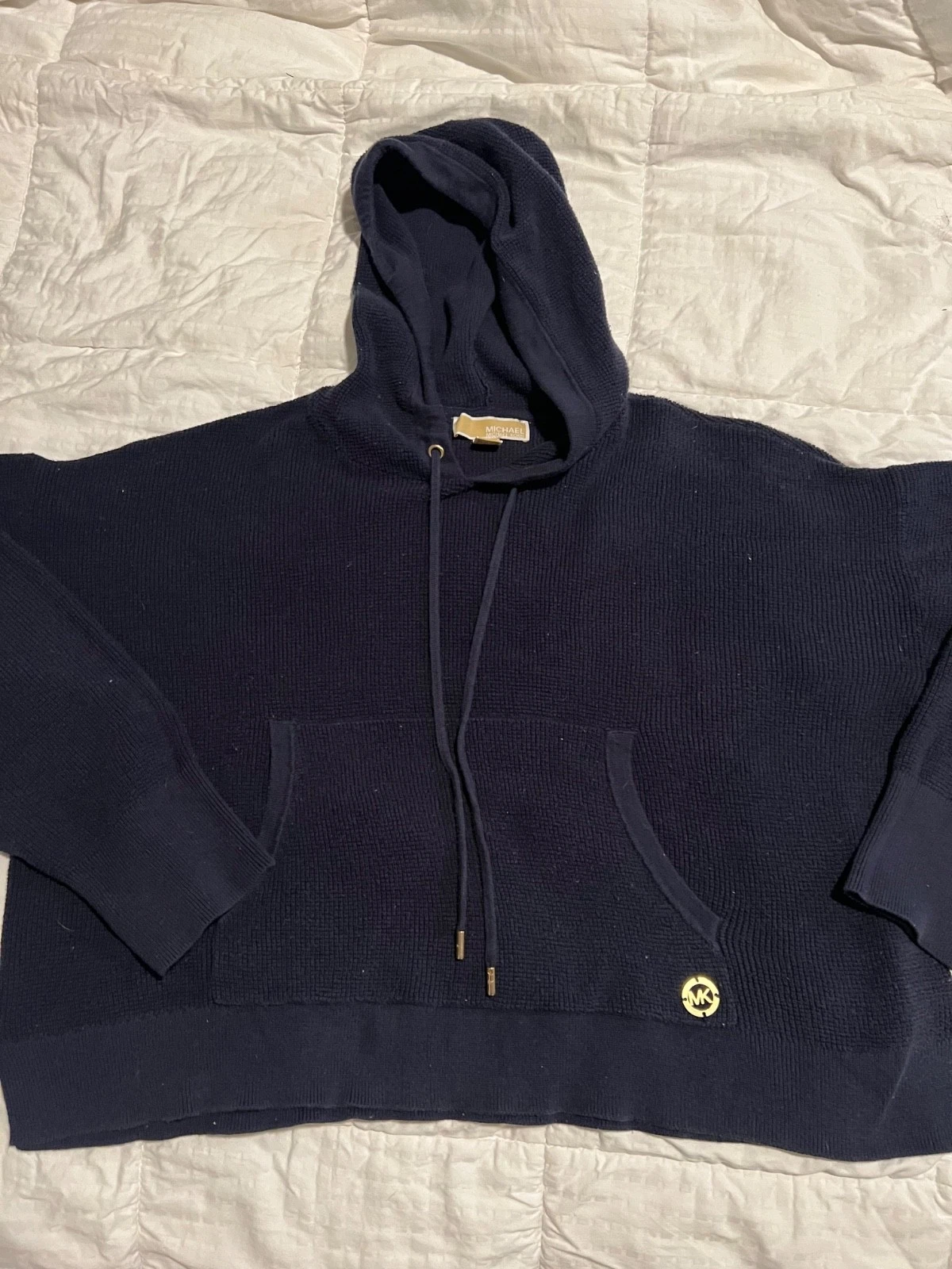 Michael Kors Waffle Knit Pullover Felpa con Cappuccio Blu Oro Ferramenta Taglia L