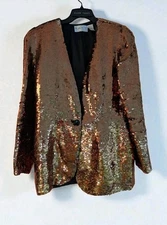 Vintage Oleg Cassini Black Tie Silk Sequin Blazer Jacket Gold Black 80s Party...