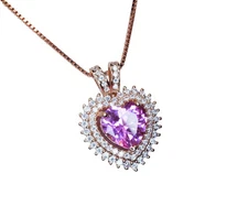 Pink Tourmaline Necklace - Double Halo Heart Rose gold at Sterling Silver - 8mm