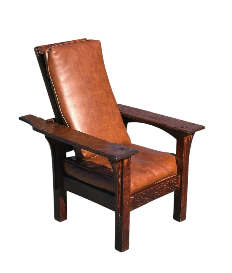 Antique Arts & Crafts Mission Oak Diminutive Morris Chair with Leather Seat - Image 3 of 4