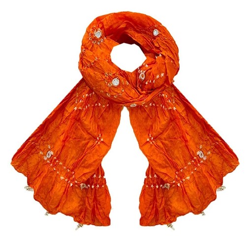 KKSM Traditionl Bhandej Tie Dye Taffeta Silk Dupatta With Mirror Ghunghuru Work - Picture 4 of 9