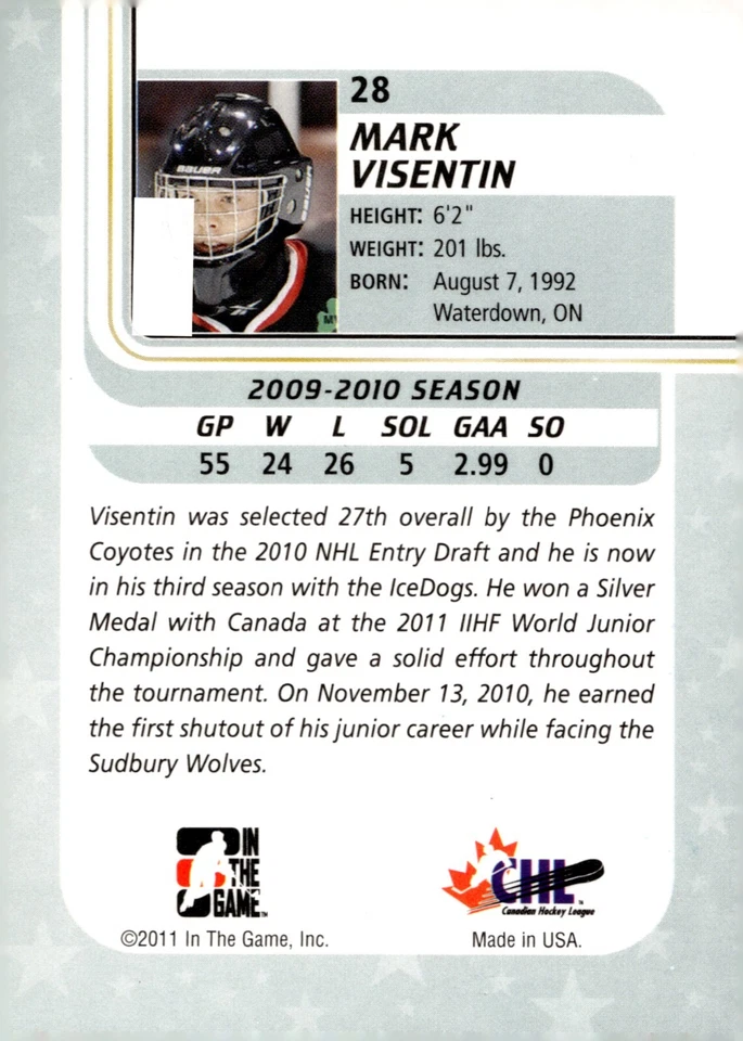 Mark Visentin - Signed 2010-11 In The Game Between The Pipes Card #28 - Image 2 of 2