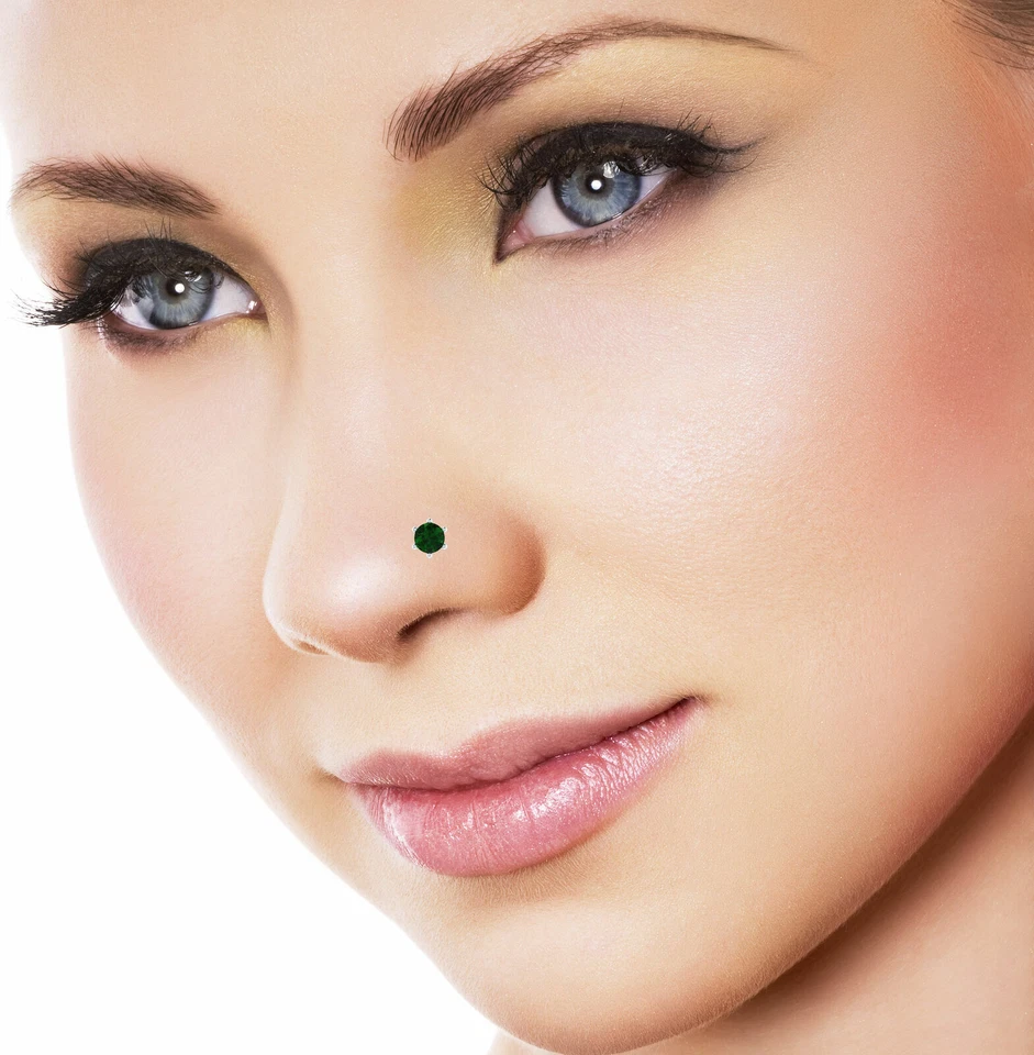 Oro Blanco 14k Sobre Verde Esmeralda Boda Nariz Labio Labret Monroe Anillo Tornillo Foto 4 de 4