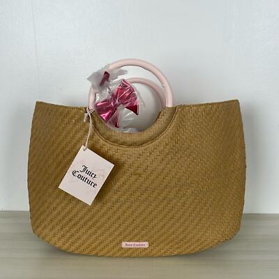 Juicy Couture Womens Tan And Brown Straw Circle Handle Bag With Pink Bow 