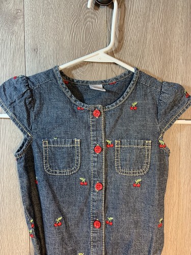 Gymboree Embroidered Cherries Denim Short Sleeve Dress Size 5 Layered With Belt - Picture 3 of 7