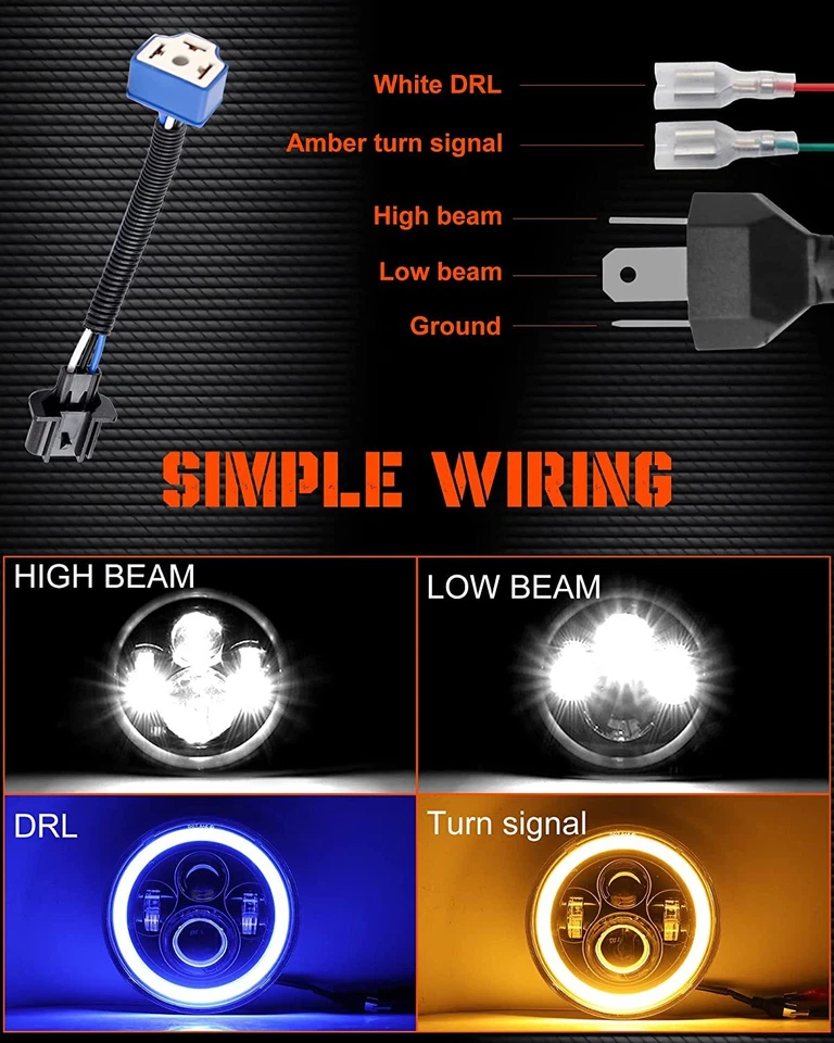 Faro LED redondo de 2 x 7 pulgadas haz alto/bajo azul halo DRL apto para VW Beetle 1950-1979 Foto 3 de 4