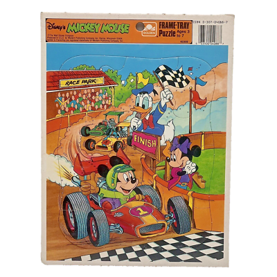 Vintage Disney Mickey Mouse Golden Frame Tray Puzzle Race Car 4088