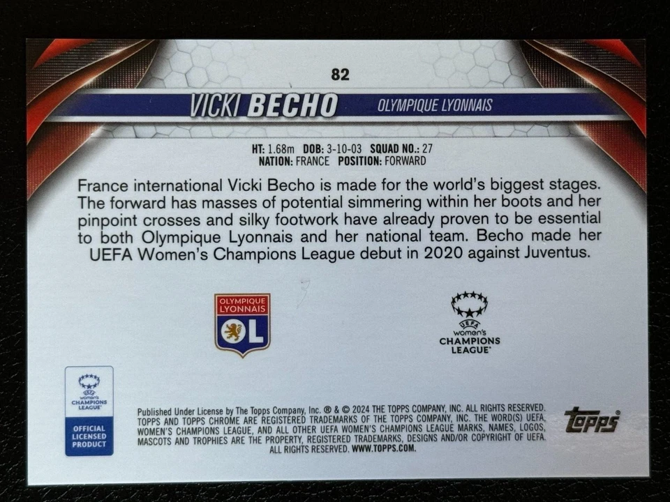 Topps 23-24 Chrome Women's Champions League Lyonnais Vicki Becho 1/XI - Image 2 of 2