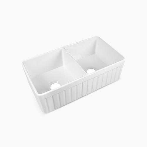 33" Double Bowl Kitchen Sink Ceramic White Farmhouse Apron Sink with Strainer - Picture 9 of 9