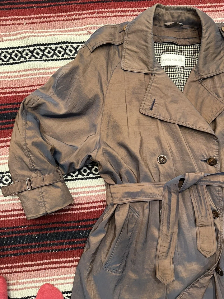 Gabardina Vintage Años 80 Marrón Iridiscente Doble Pecho Chaqueta Larga Cinturón M L Foto 3 de 4