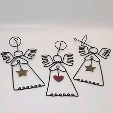 Bent Wire Angel Christmas Ornaments Set Of 3 Primitive Farmhouse Hearts Halos 8"