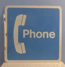 Vintage 1980’s Public Telephone Pay Phone Booth 2x Sided Metal Flange Sign 18"