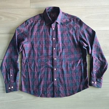 UNTUCKit Flannel Shirt Mens Large Burgundy Navy Plaid Wrinkle Free Button Cotton