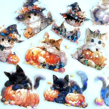 Adorable Halloween Cat Stickers Holographic Junk Journal Collage Scrapbooking