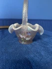 Fenton Hand Painted Iridescent Glass Decorative Basket with Floral Design Handle