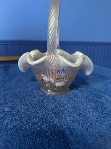 Fenton Hand Painted Iridescent Glass Decorative Basket with Floral Design Handle