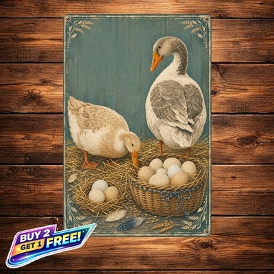 Two Poultry Birds Farmhouse Duck Eggs Illustration Metal Tin Sign