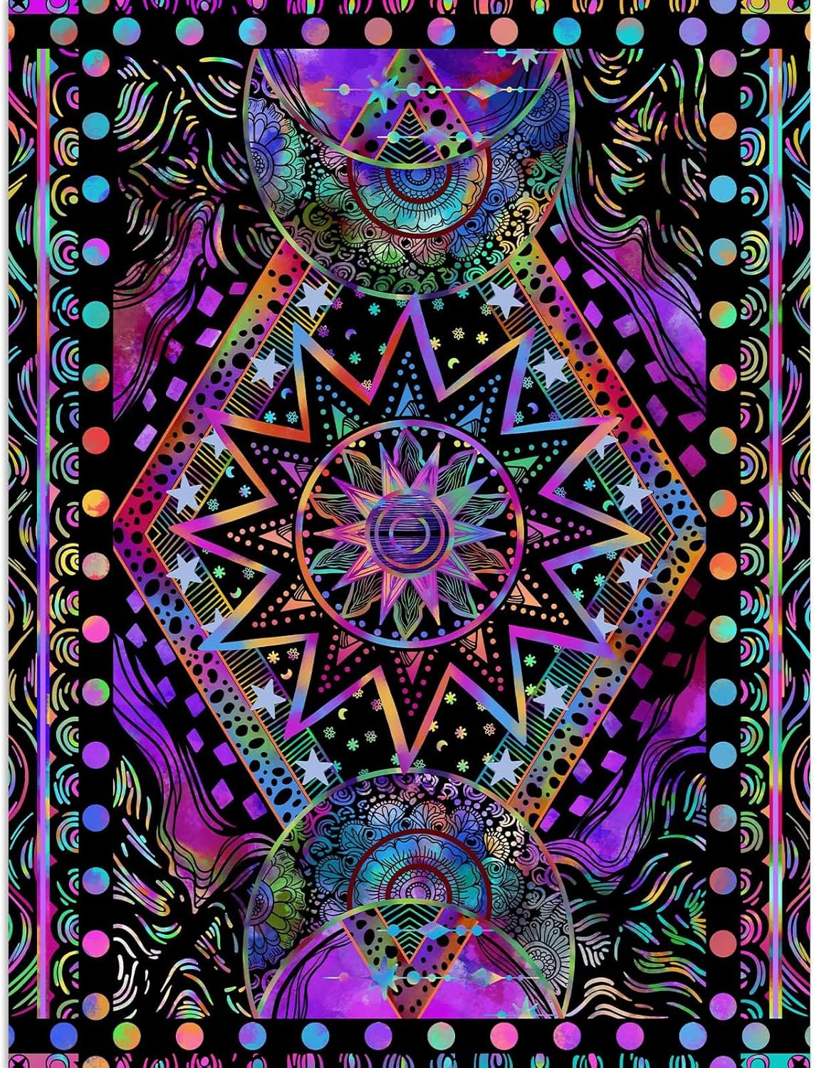 Blacklight Sun and Moon Tapestry Glow in The Dark Neon Hippie Bohemian Tapestrie