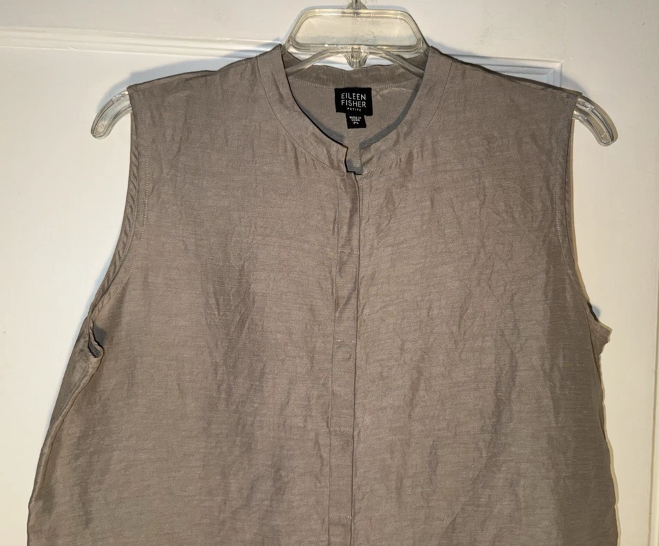 Eileen Fisher Linen Silk Vest Mandarin Collar Sleeveless Button Brown Size PL - Image 2 of 4