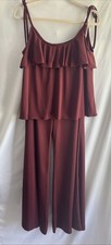 Vintage 70s Trolley Car 2 Piece Ruffle Tank Top  Palazzo Pants Set Maroon Brown