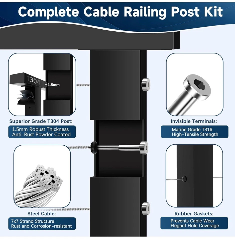 Poste de cubierta de barandilla de cable 36" fijo nivel de montaje superior plano ojal de cable perforado negro Foto 4 de 4