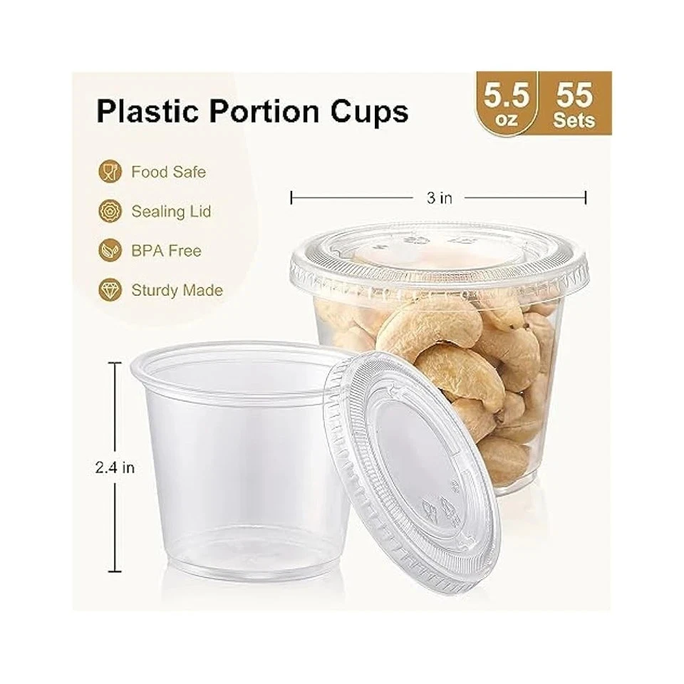 Paquete de 100 tazas de plástico transparente de 5,5 oz con tapas para salsa sin BPA Foto 2 de 4